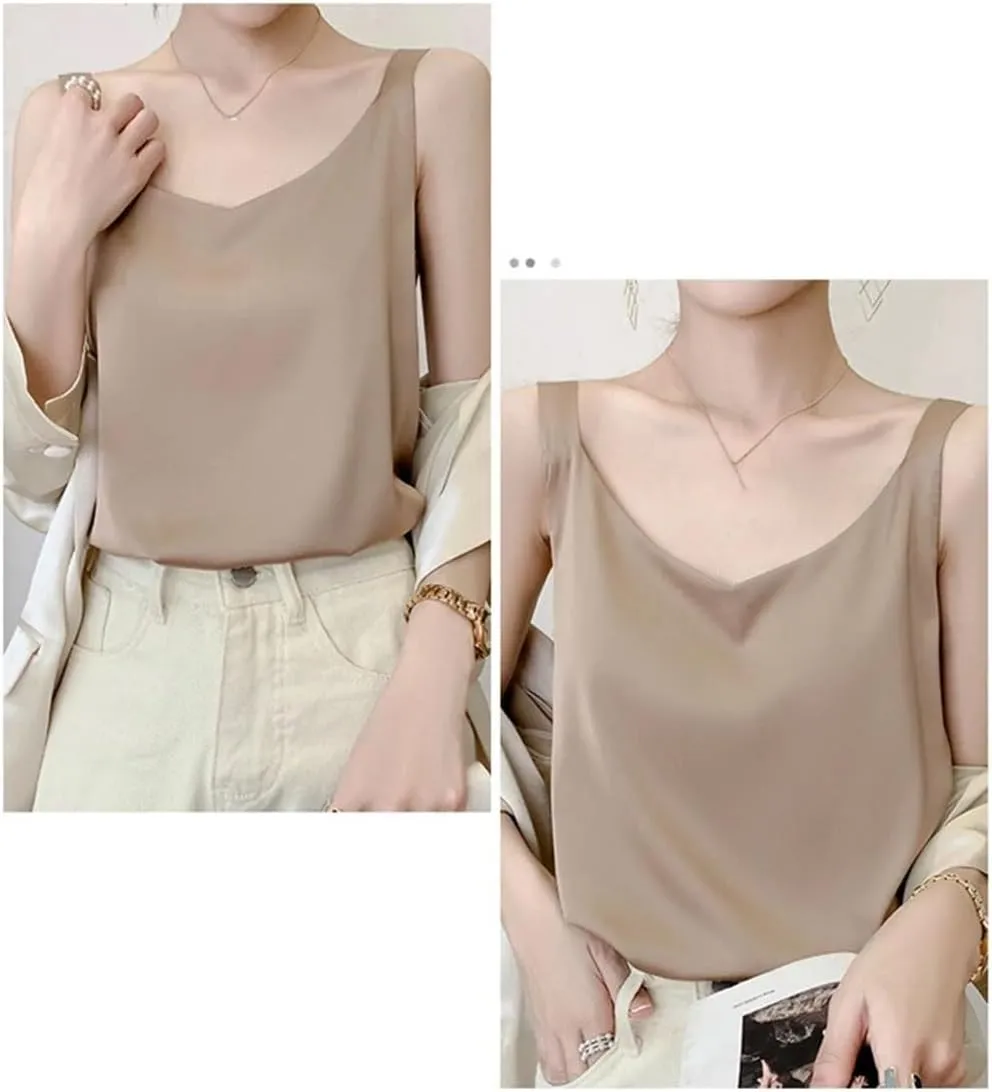 Women's Silk Camisole Summer 2025 Thin Loose V-Neck Satin Bottoming Vest Office Elegant Casual Tops