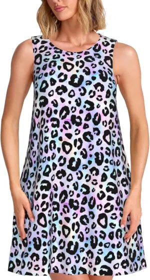 Womens Sleeveless Dress A-Line Flare Tank Dress Loose Sun Dresses Summer Flowy Swing Sundress Round Neck Outfit