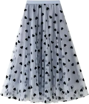 Women's Sweet Heart Print Elastic Waist Swing Dance Tulle Long Skirt