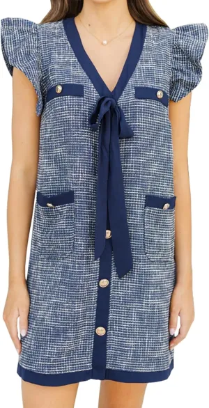 Womens Tweed Dress Elegant V Neck Ruffle Sleeve Button Down Bow Tie Shift Mini Dress with Pockets