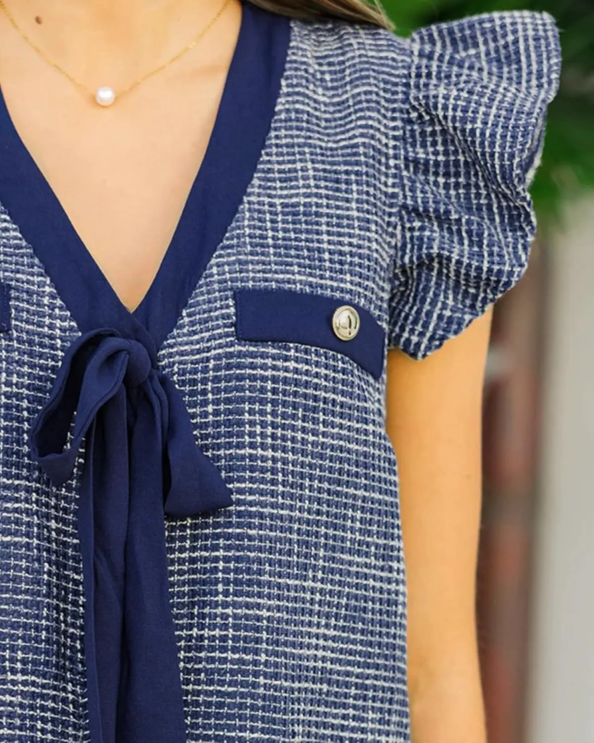 Womens Tweed Dress Elegant V Neck Ruffle Sleeve Button Down Bow Tie Shift Mini Dress with Pockets