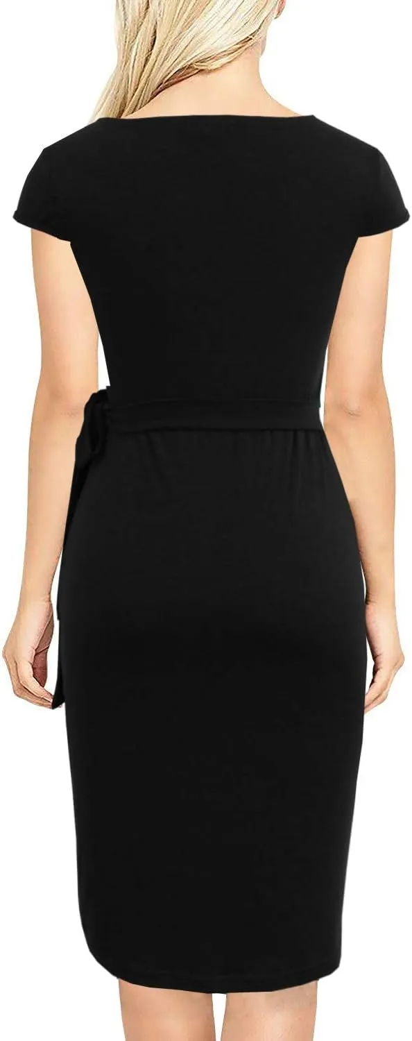 Women's Vintage Cap Sleeves Asymmetrical Neckline Sheath Bodycon Casual Work Cocktail Party Pencil Faux Wrap Dresses