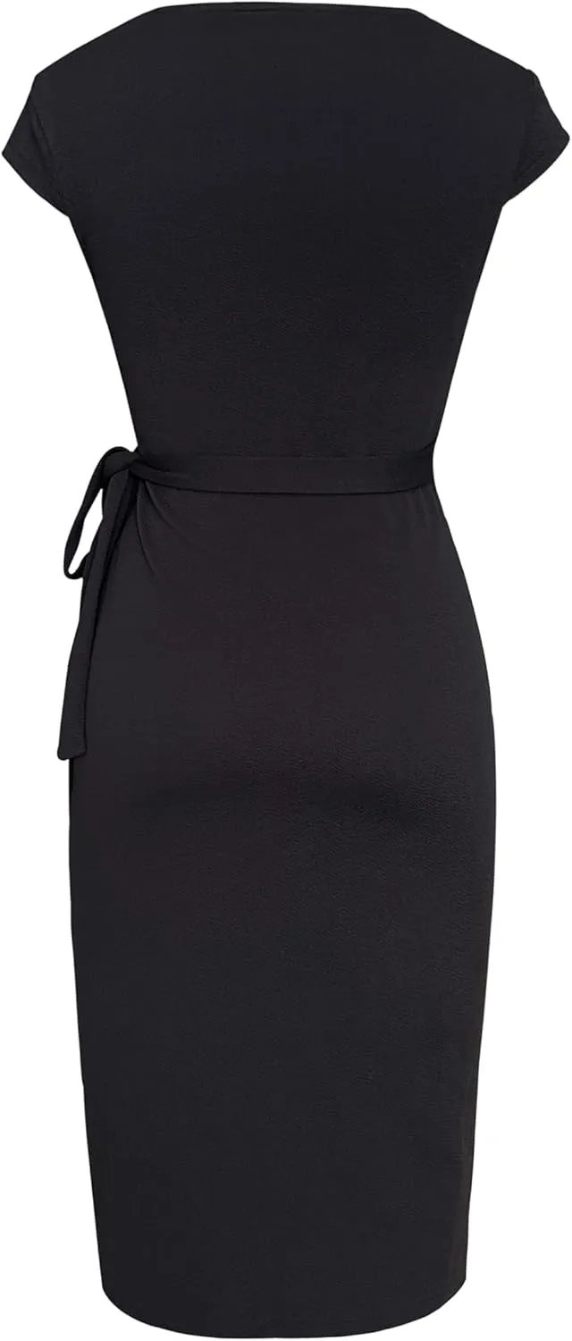 Women's Vintage Cap Sleeves Asymmetrical Neckline Sheath Bodycon Casual Work Cocktail Party Pencil Faux Wrap Dresses