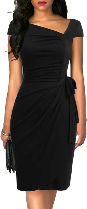 Women's Vintage Cap Sleeves Asymmetrical Neckline Sheath Bodycon Casual Work Cocktail Party Pencil Faux Wrap Dresses