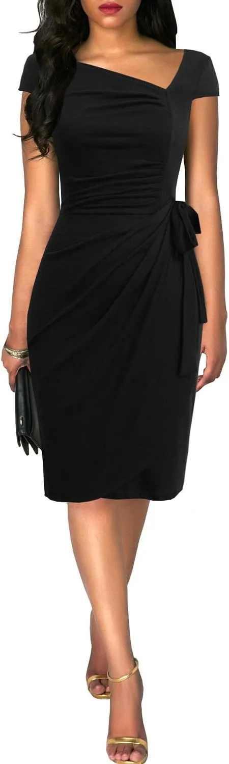 Women's Vintage Cap Sleeves Asymmetrical Neckline Sheath Bodycon Casual Work Cocktail Party Pencil Faux Wrap Dresses