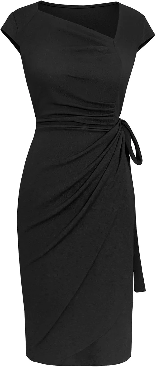 Women's Vintage Cap Sleeves Asymmetrical Neckline Sheath Bodycon Casual Work Cocktail Party Pencil Faux Wrap Dresses
