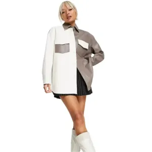 Women's White and Gray Leather Shirt - Stylish & Modern Outerwear