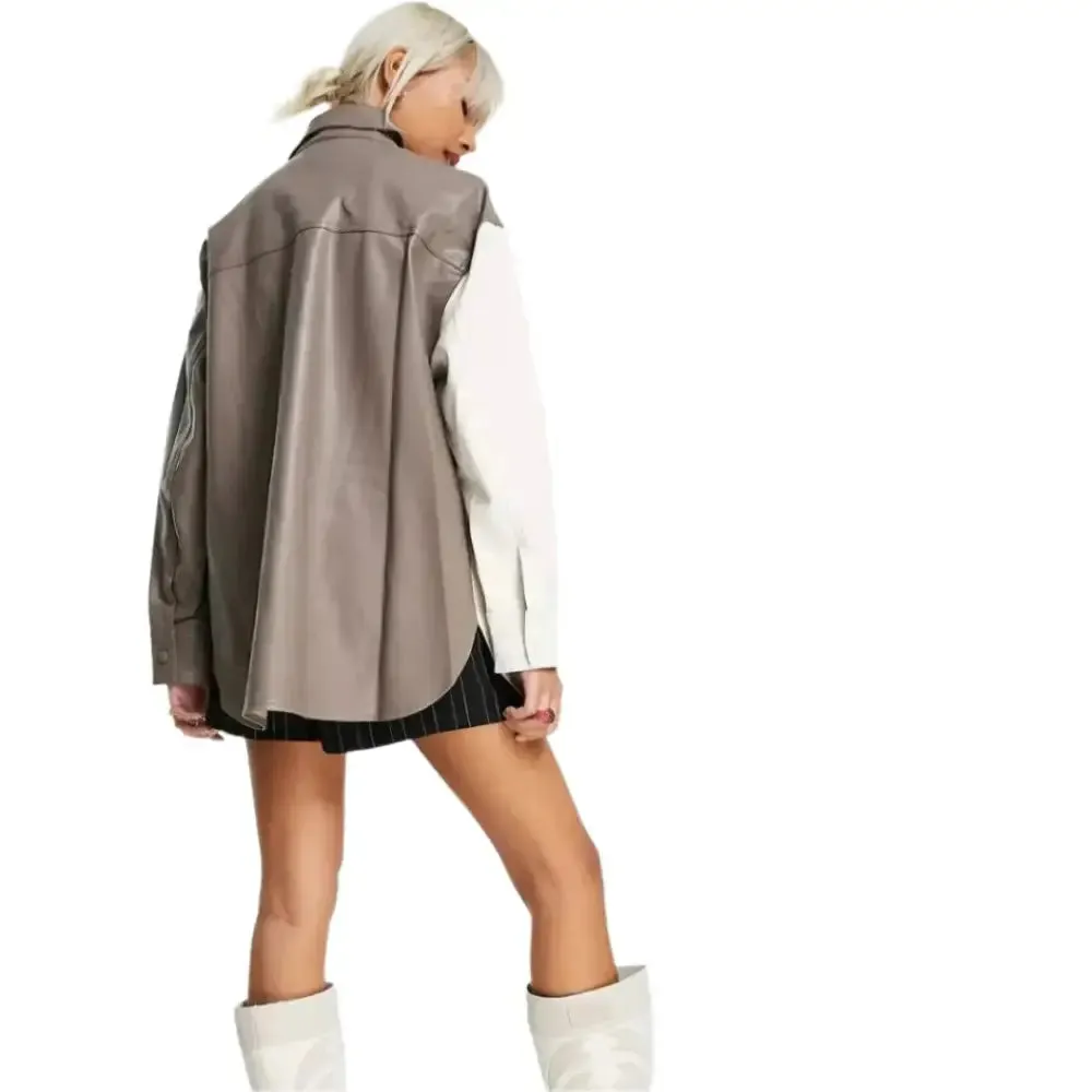 Women's White and Gray Leather Shirt - Stylish & Modern Outerwear