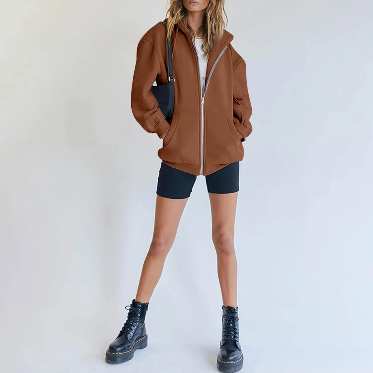 Womens Zip Up Hoodies Long Sleeve Oversized Sweatshirts Fleece Y2K Drawstring Fall Jackets with Pockets Outerwear