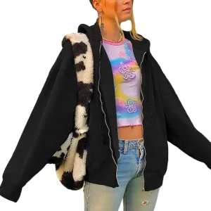 XBTCLXEBCO Y2k Vintage Zip Up Hoodie for Women Oversized Print Long Sleeve Drawstring Hooded Sweatshirt Jacket with Pockets