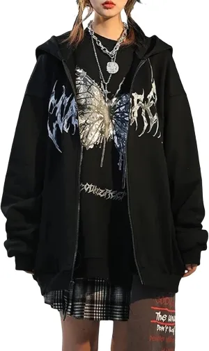 XBTCLXEBCO Y2k Vintage Zip Up Hoodie for Women Oversized Print Long Sleeve Drawstring Hooded Sweatshirt Jacket with Pockets