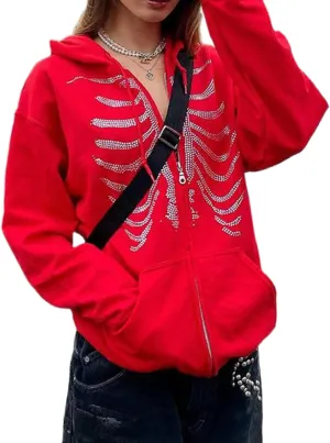 XBTCLXEBCO Y2k Vintage Zip Up Hoodie for Women Oversized Print Long Sleeve Drawstring Hooded Sweatshirt Jacket with Pockets