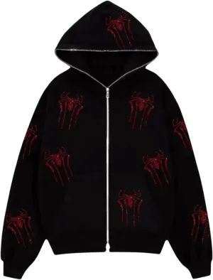 XBTCLXEBCO Y2k Vintage Zip Up Hoodie for Women Oversized Print Long Sleeve Drawstring Hooded Sweatshirt Jacket with Pockets
