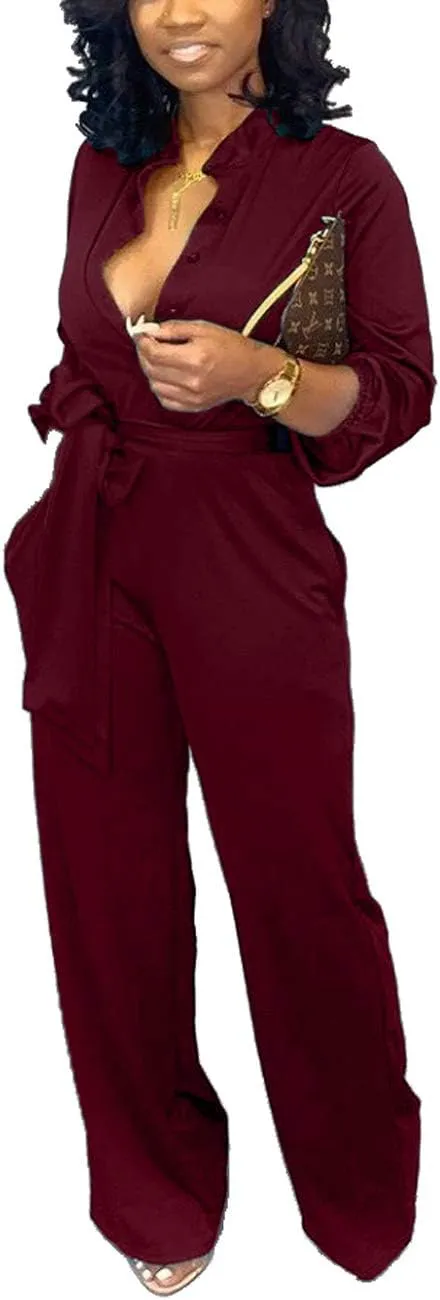 Yiershu Women's Jumpsuits Elegant Button Down Sexy V Neck Long Sleeve Bodycon Long Straight Pants With Belt
