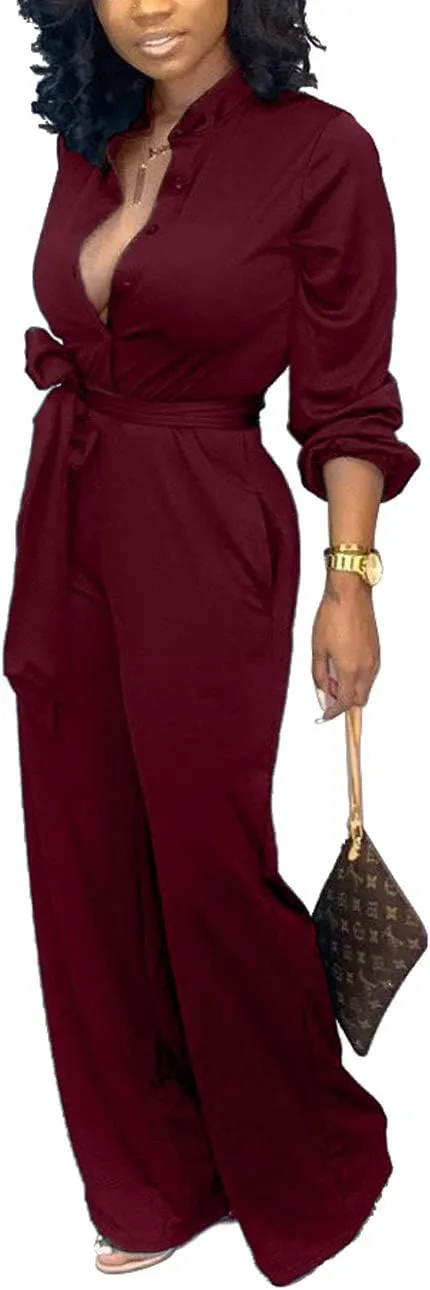 Yiershu Women's Jumpsuits Elegant Button Down Sexy V Neck Long Sleeve Bodycon Long Straight Pants With Belt
