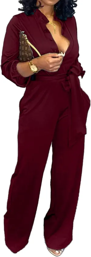 Yiershu Women's Jumpsuits Elegant Button Down Sexy V Neck Long Sleeve Bodycon Long Straight Pants With Belt
