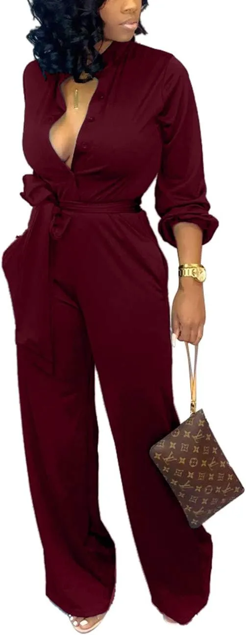 Yiershu Women's Jumpsuits Elegant Button Down Sexy V Neck Long Sleeve Bodycon Long Straight Pants With Belt