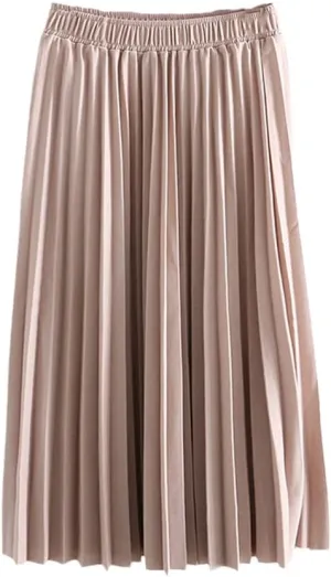 YIOLEAMP Women Summer A-Line Pleated Skirt, High Waist Elegant Pink Skirt, Casual Women Midi Skirts