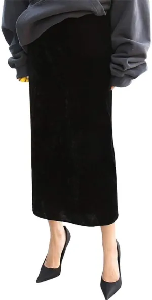 Ylingjun Women's High Waisted Long Velvet Skirt Pencil Skirt with Slit
