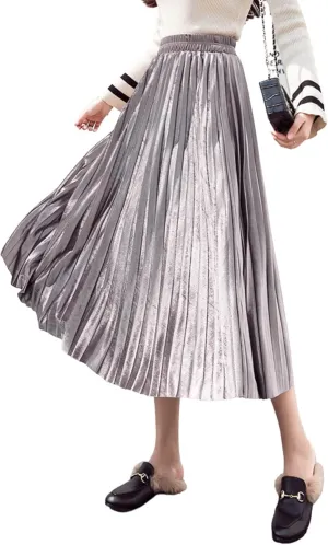 yoeasy Women Gold Velvet Pleated Long Skirts High Elastic Waist Swing Ruffled A Line Midi Skirts