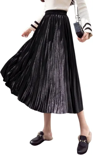 yoeasy Women Gold Velvet Pleated Long Skirts High Elastic Waist Swing Ruffled A Line Midi Skirts