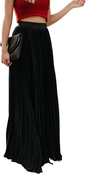 yoeasy Women's Casual Solid Longline Pleated Long Skirt Elastic Waist Chiffon Flowy Maxi Skirts