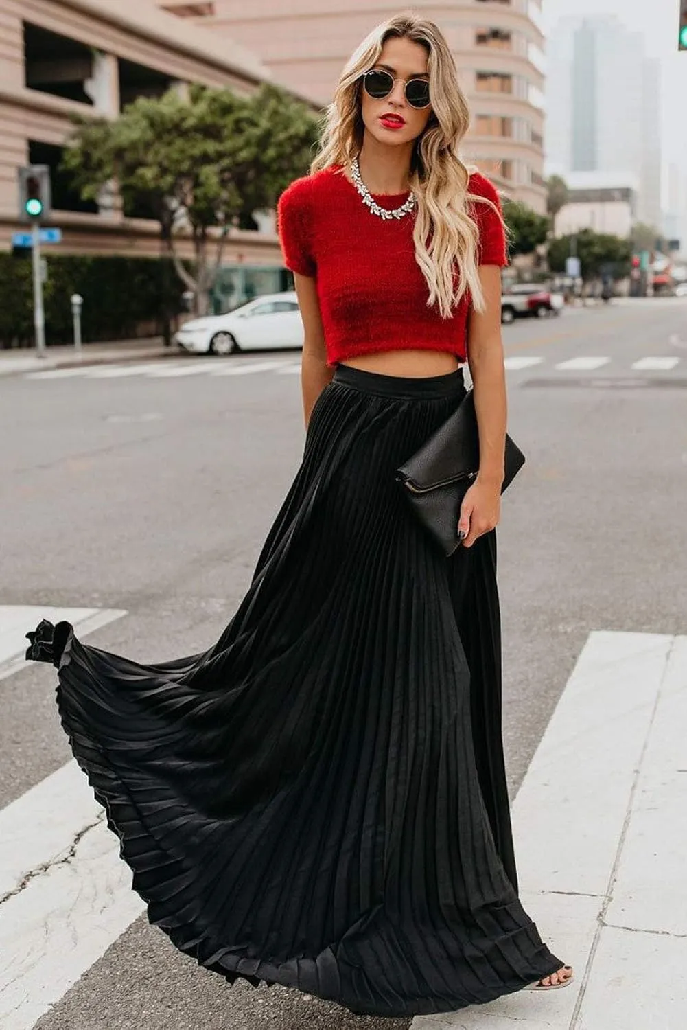 yoeasy Women's Casual Solid Longline Pleated Long Skirt Elastic Waist Chiffon Flowy Maxi Skirts
