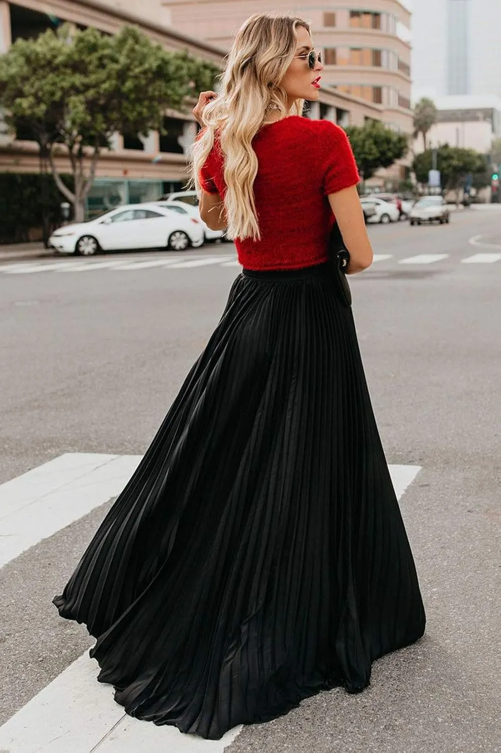 yoeasy Women's Casual Solid Longline Pleated Long Skirt Elastic Waist Chiffon Flowy Maxi Skirts