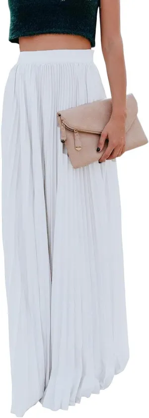 yoeasy Women's Casual Solid Longline Pleated Long Skirt Elastic Waist Chiffon Flowy Maxi Skirts
