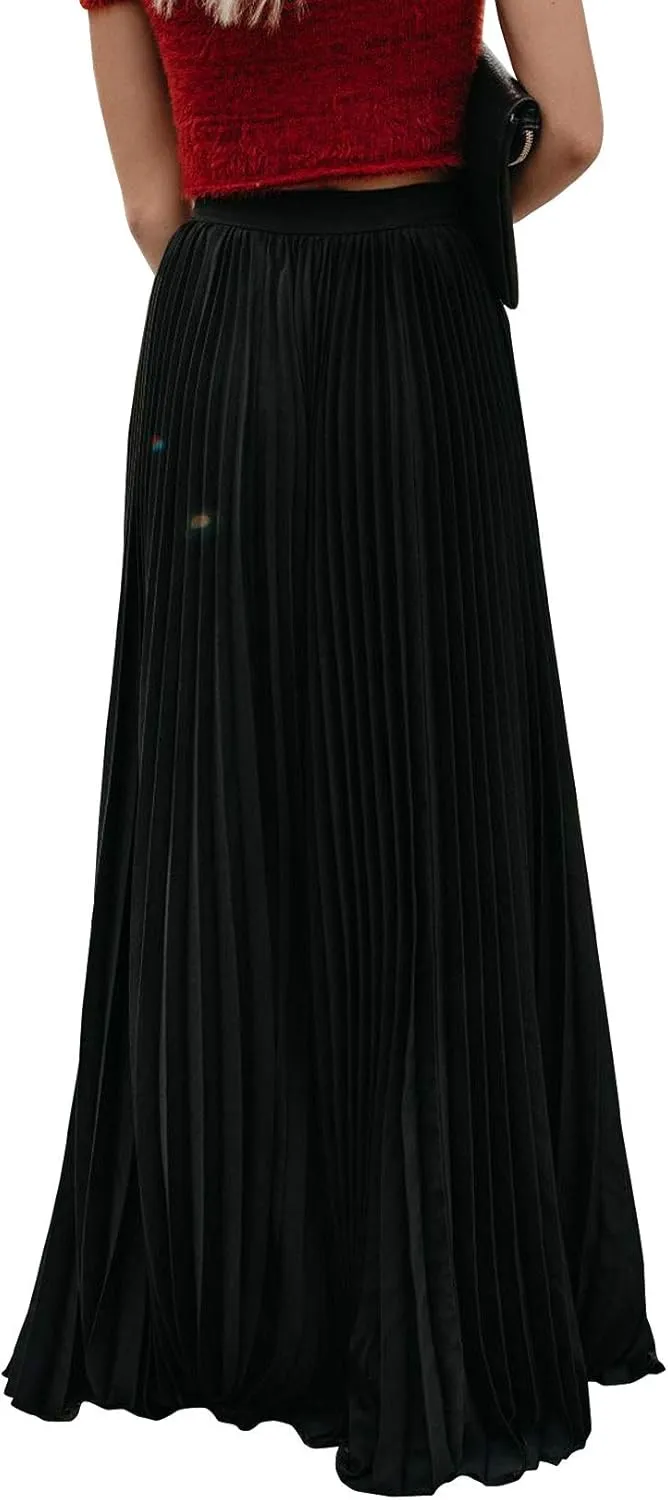 yoeasy Women's Casual Solid Longline Pleated Long Skirt Elastic Waist Chiffon Flowy Maxi Skirts